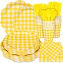175 Pcs Yellow Gingham Plates and Napkins Party Supplies-Yellow and White Scalloped Paper Plates Disposable Plaid Cocktail Napkin Checkered Dinner Party Set for Wedding Baby ShowerServe 25 Guest