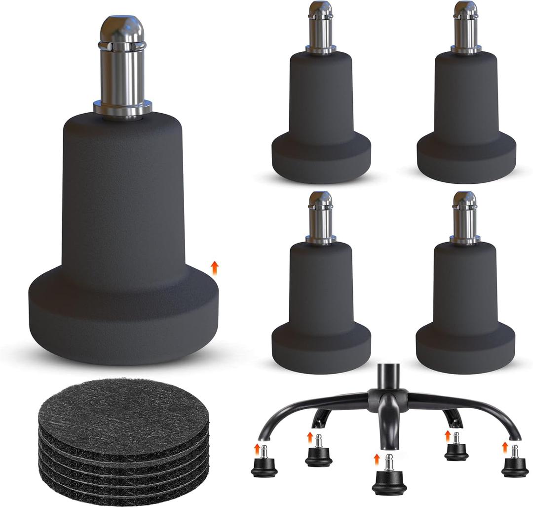 Bell Glides Replacement Office Chair Swivel Caster Wheels to Fixed Stationary Castors, with Separate Self Adhesive Felt Pads for Carpet, Desk Chair Feet Wheel Stopper, Black 5 Pcs (Bell Glides B)