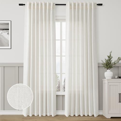 Natural Linen Blend Curtains 90 Inches Long 2 Panel Set Back Tab Pleated Linen Draperies Semi Sheer Privacy Rustic Boho Farmhouse Neutral Cream Curtain for Living Room Bedroom Ivory 52x90 Length