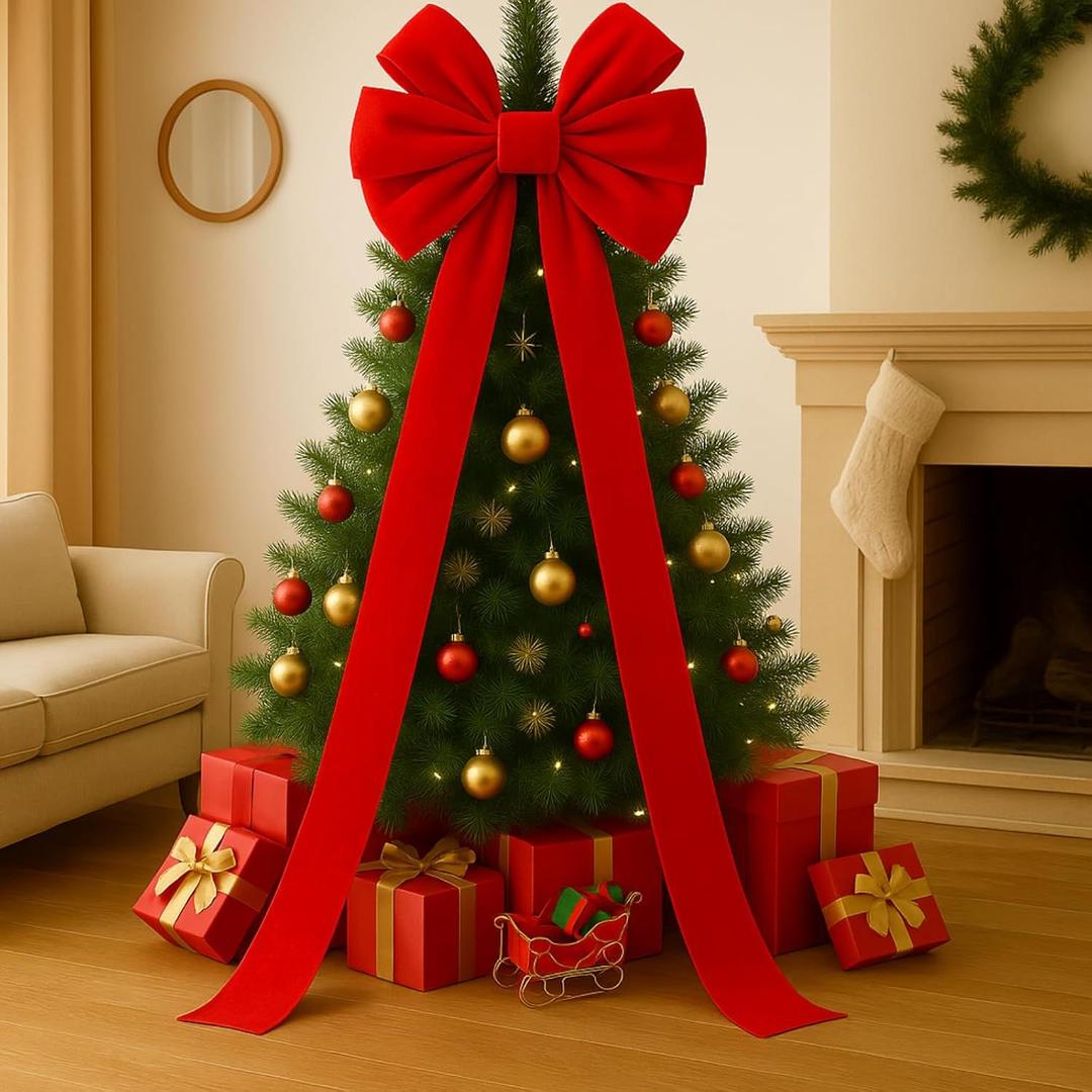 Hungdao Extra Large Christmas Tree Topper Bows 70.9 x 19.7 Inch Giant Oversized Huge Christmas Velvet Decorative Bows with Long Streamers for Tree Front Door Patio Outdoor Decor(Classic,Red)