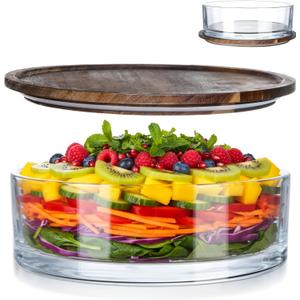 LemonRoad 9.6 Inch Large Salad Bowl with Acacia Wood Lid Glass Thick Salad Trifle Bowl Versatile Mixing and Serving Dish for Dessert Fruit Pasta Ice Cream Cake Baking Dishwasher Safe