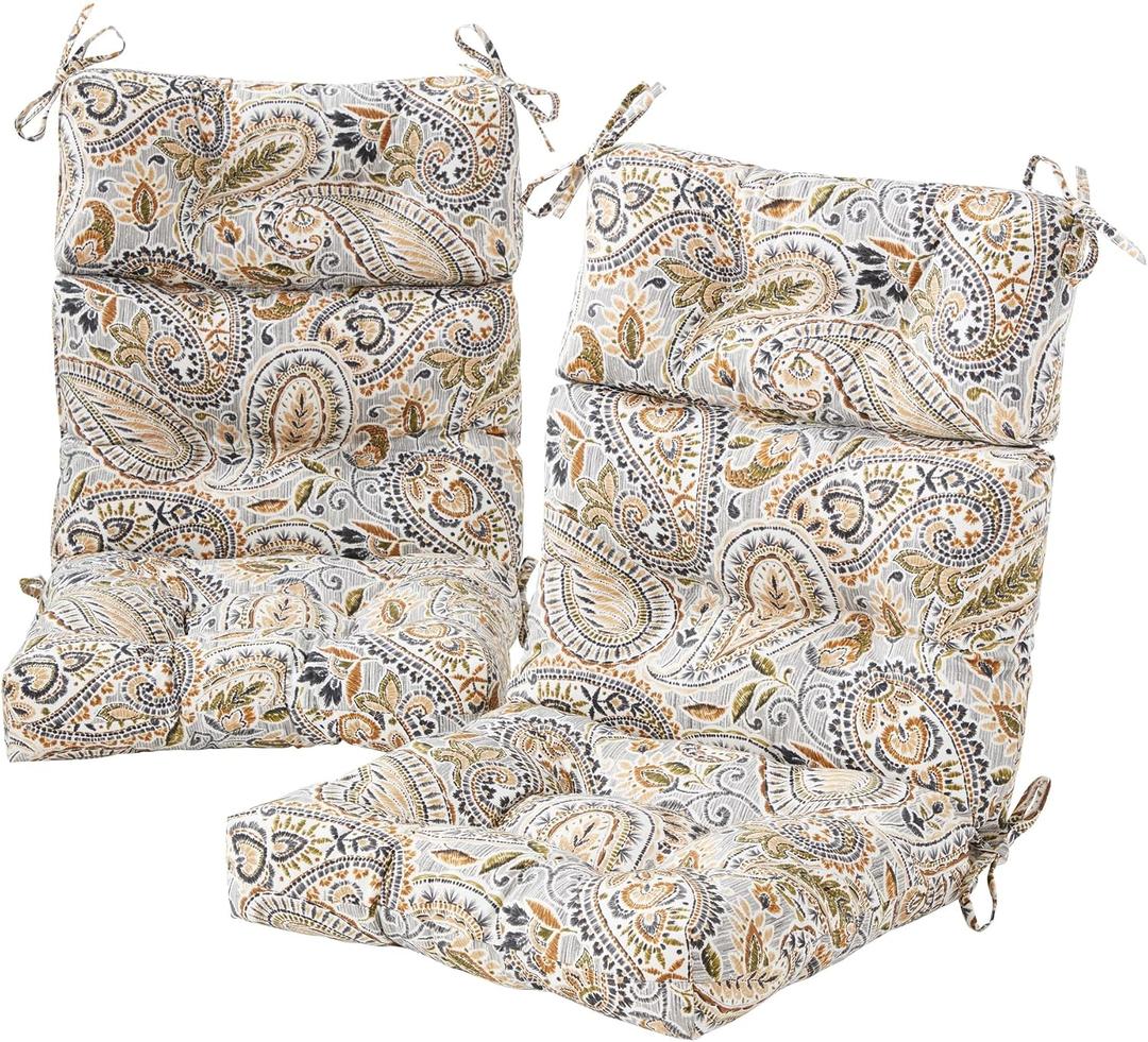 Outdoor Tufted High-Back Chair Cushions, One-Piece Hinged Seat and Back Design, Reversible with 4 Ties, Durable Polyester Fabric, Recycled Fiber Fill - Set of 2, Arctic Paisley