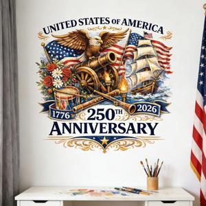 United States 250th Anniversary Wall Decal 1776-2026 Eagle Flag Vintage Cannon Self Adhesive Wall Sticker Independence Day Wall Art Decor for Home Living Room Bedroom Office Party Decorations 1 Sheet