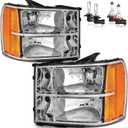 ROADEAL Headlights W/Bulbs for 2007-2013 GMC Sierra 1500/2007-2014 Sierra 2500 HD 3500 HD Halogen Headlamp Replacement Driver & Passenger Side