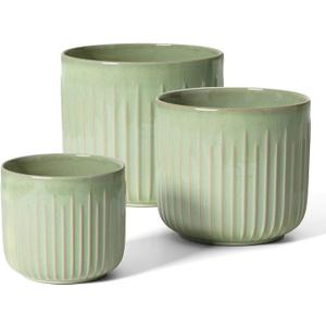LE TAUCI Fluted Ceramic Planters Set of 3  8.3/7 / 5.7 in Sage Green Reactive Cylinder Indoor Plant Pots with Drainage Plug & Mesh, Glossy Stoneware Flower Pots for Succulents Herbs
