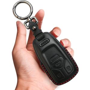 Tukellen for Audi Key Fob Cover Genuine Leather with Keychain,Leather Key Case Protector Compatible Audi A4 Q7 Q5 TT A3 A6 SQ5 R8 S5 Smart Key-Black (Red Line)