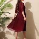 Women V Neck 3/4 Sleeve Pleated A-Line Dress with Belt Swing Midi Dresses for Spring Summer Autumn (L)