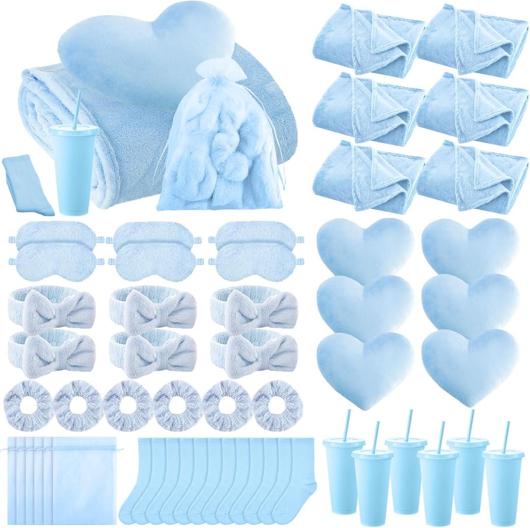 Fanfanwin 48 Pcs Sleepover Party Supplies Spa Birthday Slumber Pajamas Galentines Party Favors Coquette Throw Blanket Pillow Headband Scrunchies Eye Mask Cup Socks(Blue,Solid Color)