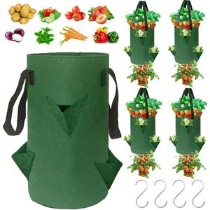 4Pack Upside Down Strawberry Planter, 3 Gallon Hanging Grow Bags for Tomato Vegetables 6 Planting Holes with 4 Hooks,Upside Down Strawberry Plant Hanger Vegetable Planting Bags for House (Dark Green)