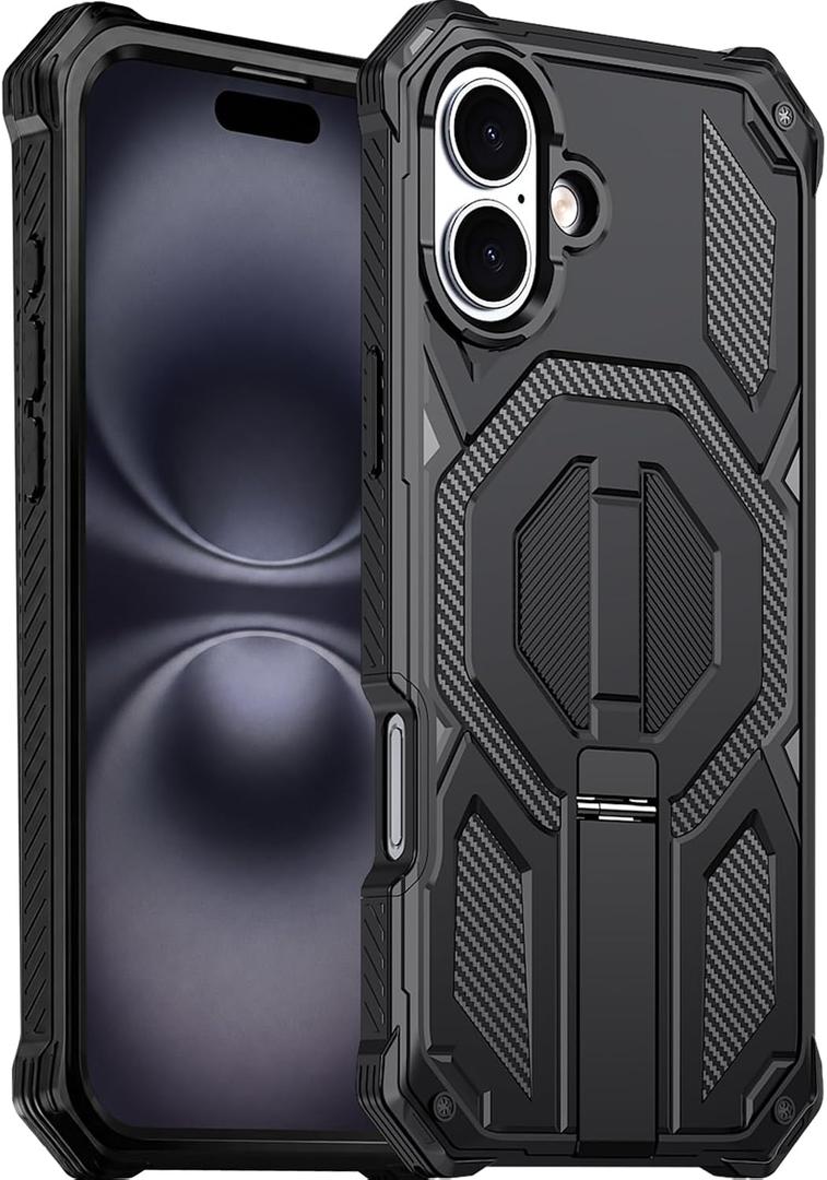 for iPhone 16 Magnetic Case with Screen Protectors, Black | Compatible with MagSafe, Concealed Kickstand, 2 Pack Screen Protectors, Military Grade, Double Layer, Shockproof Protection
