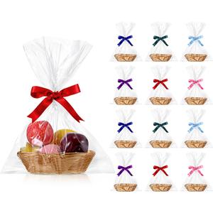 Blulu 12 Pieces Valentine's Day Basket Empty for Gifts Oval Basket Food Storage Fruit Baskets with 6 Rolls Colorful Ribbons and 30 Clear Gift Bags for Kitchen Restaurant 9 x 6 x 2.24 Inches