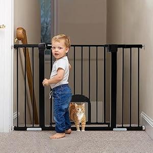 Babelio 29-48" Extra Wide Baby Gate with Adjustable Cat Door, Easy Install Pressure/ Hardware Mounted Dog Gates for The House, Auto Close Pet Gate for Stairs, Easy Walk Thru, Black