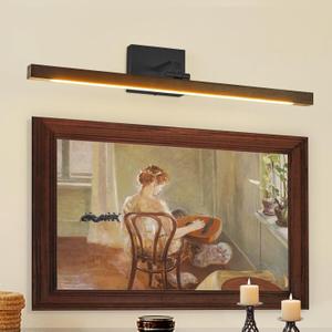 Picture Light 27.5" Wood Picture Lights for Wall Hardwired Gold Picture Frame Light Dimmable Art Gallery Light Accent Lighting Bathroom Wall Sconce for Artwork Poster Portrait Library Display 5CCT (Fixed arm: Black)