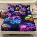AILONEN Monster Truck Fitted Sheet Set Twin Size,Cartoon Neon Truck Kids Bedding Set 3-Piece,Galaxy Themed Colorful Fitted Sheet with 2 Pillowcases