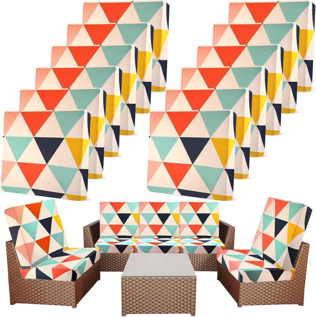 Newwiee 12 Pcs Patio Cushion Covers Outdoor Stretch Sofa Couch Cover Replacement Couch Slipcover Sofa Seat Chair Porch Patio Furniture Protector, Flexibility Washable(Multicolor, Geometric)