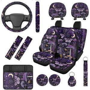 Ystardream Retro Mushroom Moth Car Seat Cover Full Set 14 Pcs with Steering Wheel Cover, Auto Seat Belt Covers Keychain & Cup Holder Pads, Universal Fit for SUV Sedan Truck, Protective Interior Purple