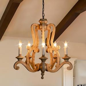 Farmhouse Wood Chandelier, 5-Light Vintage French Candle Wooden Chandelier for Dining Room Living Room Foyer Bedroom Entryway, 23.62 x 23.62 x 82.67 inches