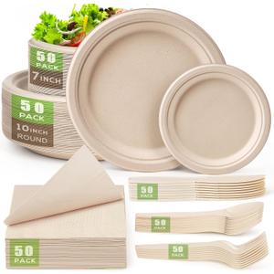 Gezond Compostable Paper Plates Set 300 Pieces Disposable Plates 10-inch Eco-friendly Paper Plates Heavy-duty Utensils and Napkins for Party, Made From Sugarcane Pulp