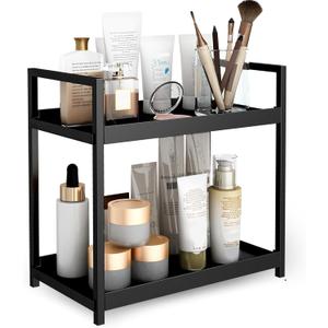 2-Tier Bathroom Countertop Organizer Multifunctional Vanity Tray Cosmetic and Makeup Storage Rack Kitchen Spice Shelf Freestanding Organizer (Black)