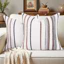 Boho Throw Pillow Covers 18x18 Set of 2, Soft Chenille Striped Decorative Cushion Covers for Couch Sofa Bedroom Living Room, Neutral Brown Black White