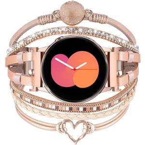 2 x KOREDA Boho Leather Bracelet for Samsung Galaxy Watch 7/6/5/4/FE Band 40mm 44mm/Watch 6 Classic 43mm 47mm/Watch 5 Pro 45mm/Watch 4 Classic/Active 2 Bands Women, 20mm Handmade Multilayer Wrap Jewelry Bands (Rose Gold-Heart Bracelets)
