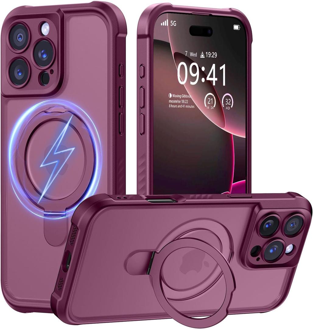 MOCCA Design for iPhone 16 Pro Max Case with Magnetic Invisible Stand [Full Camera Protection] [Compatible with Magsafe] Military Drop Shockproof Translucent Matte Phone Case Cover 6.9",Red