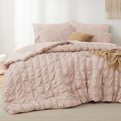 Bedsure Bed in a Bag King - 7 Pieces Plaid Seersucker Bedding Comforter Sets, Soft Lightweight Rose Dust Boho Bed Set with Comforters King Size, Sheets, Pillowcases & Shams