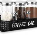 Glass Coffee Containers with Shelf 3x 47oz Coffee Station Organizer Glass Coffee Bean Storage with Spoon Coffee Canister Set Jars for Coffee Bean Ground Nuts (Black-3 Pack)