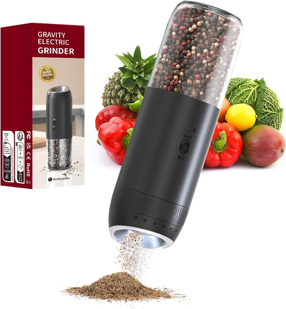 Gravity Electric Salt and Pepper Grinder Set Rechargeable, External Adjustable Coarseness, Automatic Salt and Pepper Shakers Mill with LED Light, 6oz/176ml Large Capacity, House Warming Gifts (1 Pack)