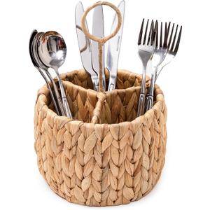 KOLWOVEN Wicker Flatware Organizer, Kitchen Utensil Holder for Countertop, Silverware Caddy Natural Woven Flatware Caddy with 3 Compartments, Cooking Utensil Organizer