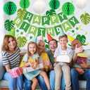 Meowtastic Green Birthday Decorations - Happy Banner with Honeycomb Balls, Palm Leaves Hanging Swirl Streamers, Circle Dot Garland - Party Decoration for Boy Girl