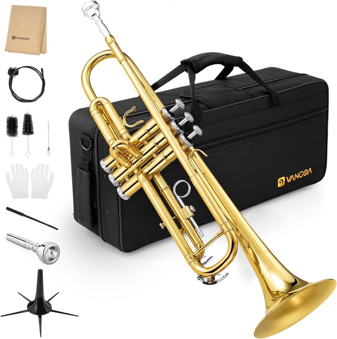 Vangoa Bb Trumpet Brass Standard Gold Trumpet Instrument for Student School Band Orchestra Adult Kid Beginner with Hard Case, Stand, Cleaning Kit, White Gloves, Valve Oil and 7C Mouthpiece Vangoa Bb Trumpet Brass Standard Gold Trumpet Instrument for Student School Band Orchestra Adult Kid Beginner with Hard Case, Stand, Cleaning Kit, White Gloves, Valve Oil and 7C Mouthpiece
