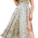 EYWOL Women's Summer Sundress Sleeveless Halter V Neck Boho Floral Maxi Dress Elastic Waist Ruffle Spring Vacation Outfits Size M