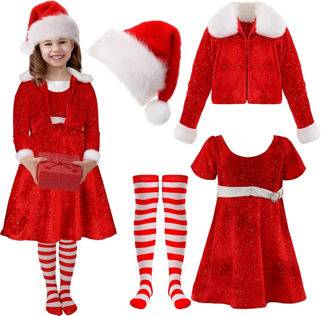 Panitay 4 Pcs Christmas Costume Red Santa Claus Outfit Hat Jacket Dress Tights for Little Holiday Cosplay (Small)