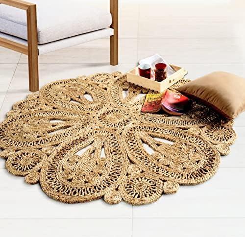 GRUHUM Handwoven 3ft Jute Area Rug Natural Fiber Round Handmade Boho Charm Farmhouse Rustic Vintage Soft Braided Rugs for Indoor EcoFriendly Kitchen Bedroom Living Room Hallways Enterways (3ft Circle)