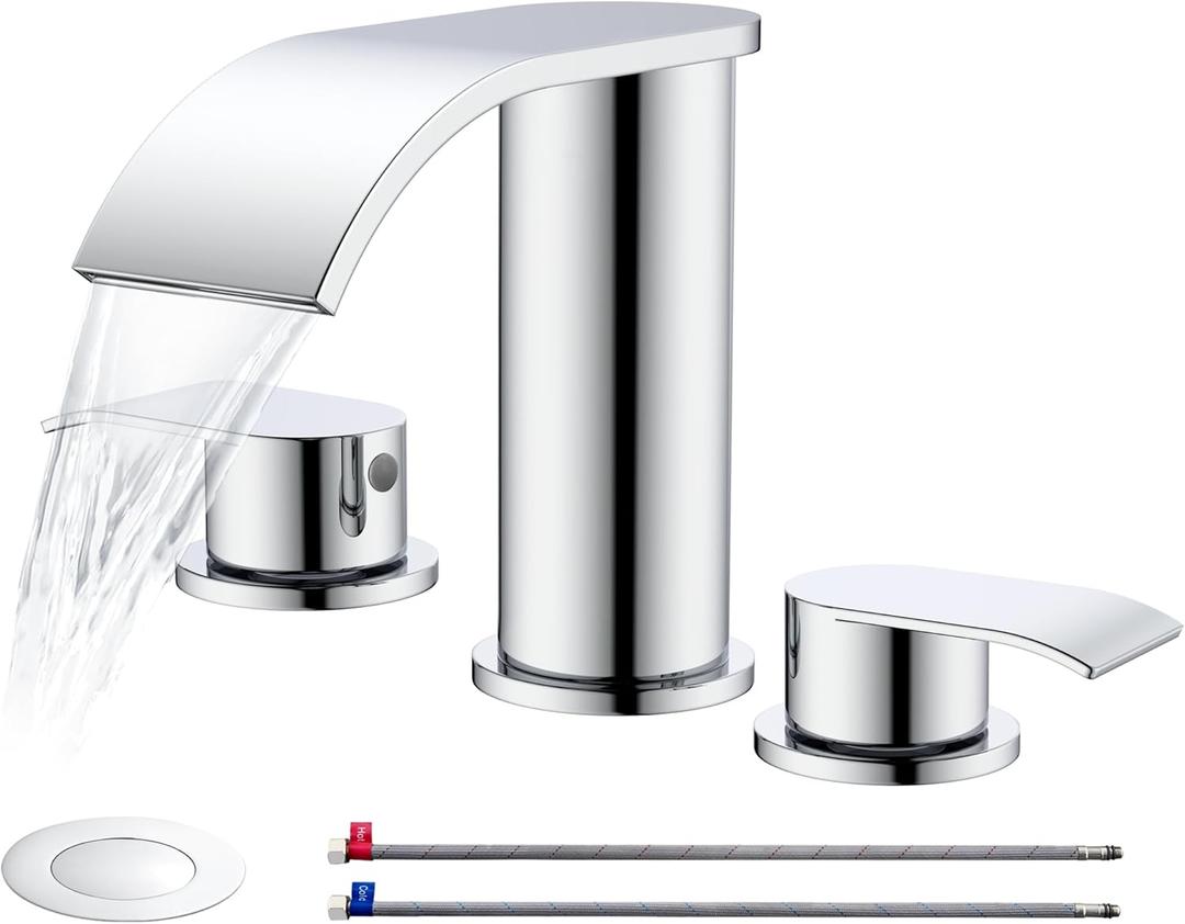 Ultimate Unicorn 8 inch Bathroom Faucet Chrome, Waterfall Bathroom Sink Faucet with Metal Pop-up Sink Drain Stopper and 2 Supply Hoses,2 Handle Widespread Faucet for Vanity Sink 3 Holes
