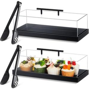 FoldTier Only1Pcs Rectangular Cake Stand Serving Tray with Lid and 9'' Serving Tong Acrylic Pastry Display Case 14 x 6 x 4 Inches Black Clear Platter Dessert Holder for Pastries Decorative Centerpiece