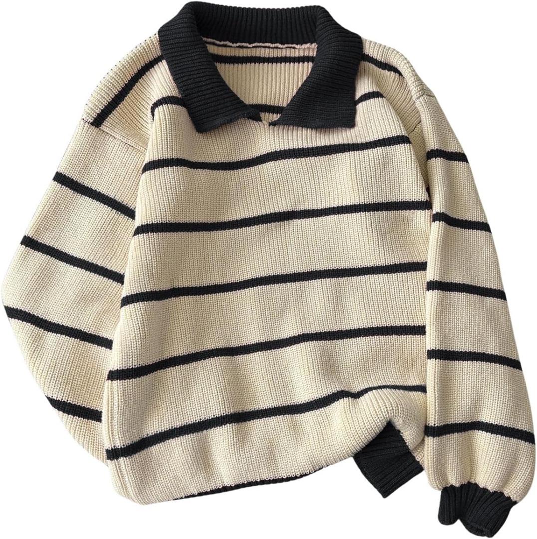 Floerns Women's Collared Striped Sweaters Preppy Oversized Knit Fall Pullover Sweater (Medium, Black and Khaki)