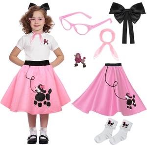 50s Girls Poodle Skirt Kids Sock Hop Outfit, Decades Day Costume - Grease Accessories Bobby Socks, Scarf & Glasses (Pink, 4-6 Yrs)