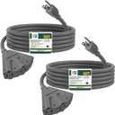 EP 2 Pack 15 Ft Outdoor Extension Cord with 3 Electrical Power Outlets - 16/3 SJTW Grey Cable with 3 Prong Grounded Plug for Safety Great for Christmas Lights, Garden and Major Appliances