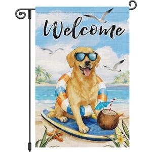 Louise Maelys Welcome Summer Garden Flag 12x18 Inch, Small Beach Coastal Golden Retriever Dog Puppy Summer Yard Flag, Outdoor Double Sided Banner Sign for Lawn Porch Patio Decor