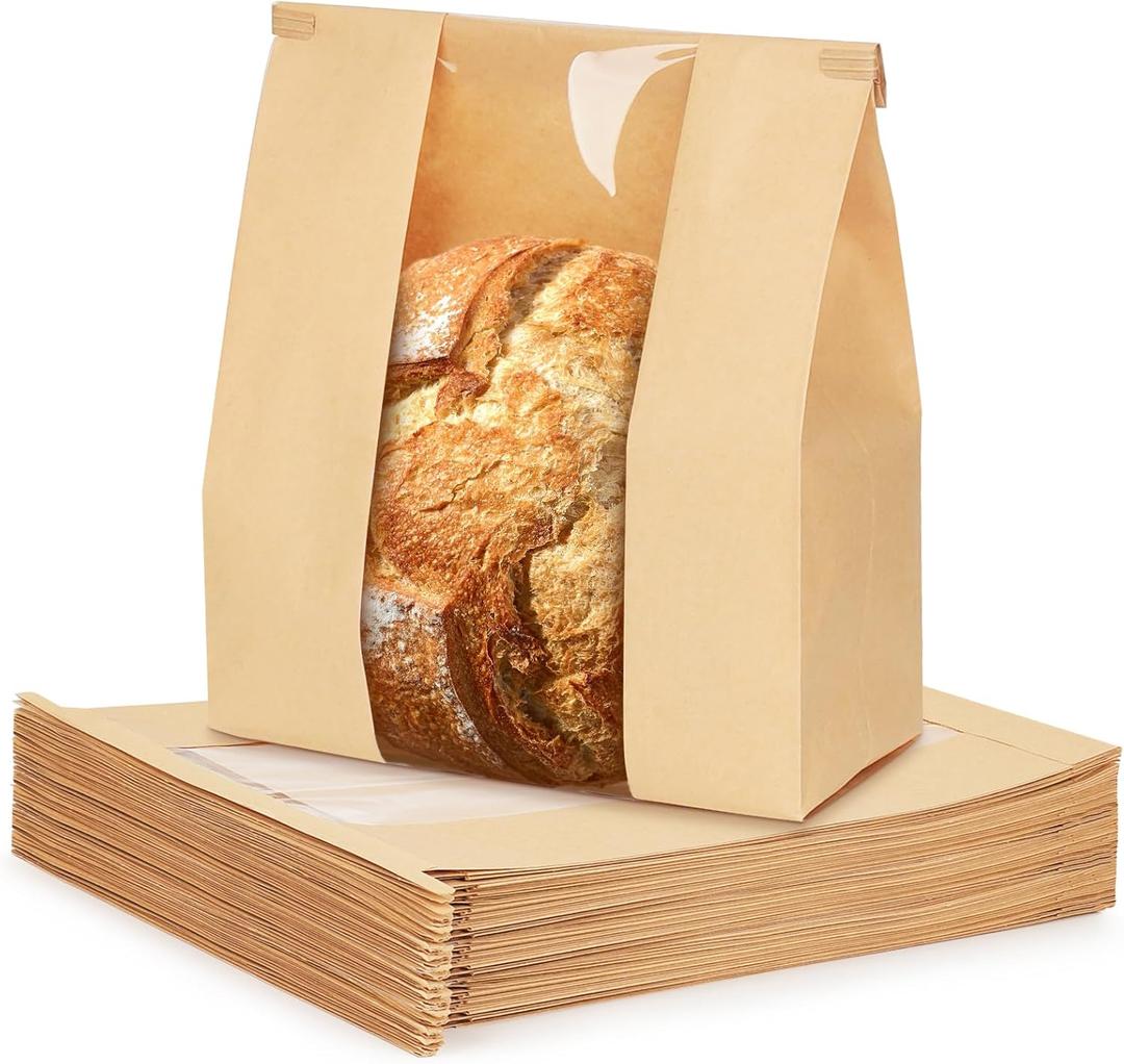 50 Pack Paper Bread Bags for Homemade Bread, 7x311 Inches Resealable Tin Tie Tab Bakery Bags with Window for Round Sourdough, Cookies, Loaves, Bagels | Grease Resistant