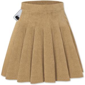 SANGTREE Women Corduroy Pleated Skirts High Waist Winter with Comfy Casual Elastic Band Without Shorts (Small, Khaki)