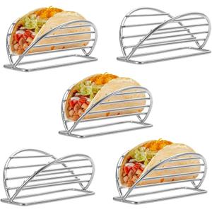 BSTKEY Taco Holders Set of 5, Stainless Steel Taco Stand, Soft or Hard Shell Taco Rack for Taco Bar, Burritos and Tortillas Holder for Kitchen Restaurant