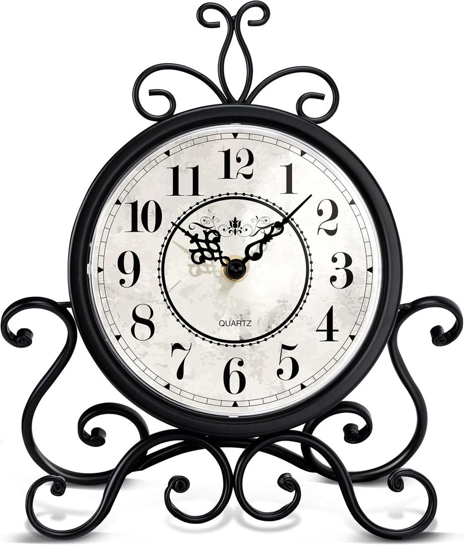 Vintage Table Clock on Stand - Desk Mantel Clock for Living Room Bedroom Decor, Silent Rustic Shelf Clock with Metal Frame Fireplace Clock Battery Operated for Office Desktop Home Decor