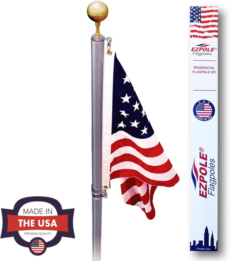 Ezpole Defender Inground Flag Pole Kit For Outdoors Heavy Duty-Winds To 130 Mph. Dual Flag Pole Holder For Outside House-Made In USA-Home Camper-Includes Pole Flag Ground Sleeve Hardware (17 Ft.)