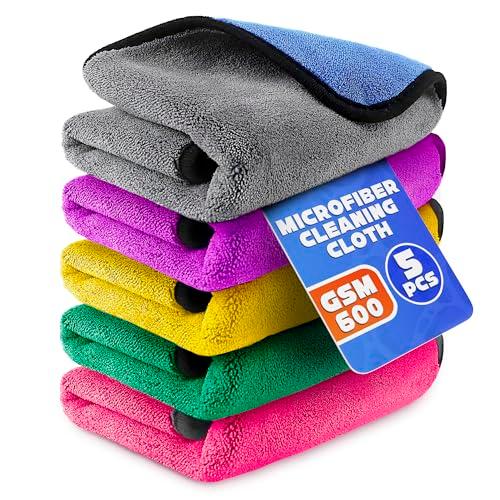 5 Pcs Thick Microfiber Cleaning Cloth – Dual-Layer Cleaning Rags, High-Tensile GSM 600 Fabric, Crafted for Effective Use – 11.8x11.8 Inches Microfiber Towels for Car Detailing, Window, Glass and House