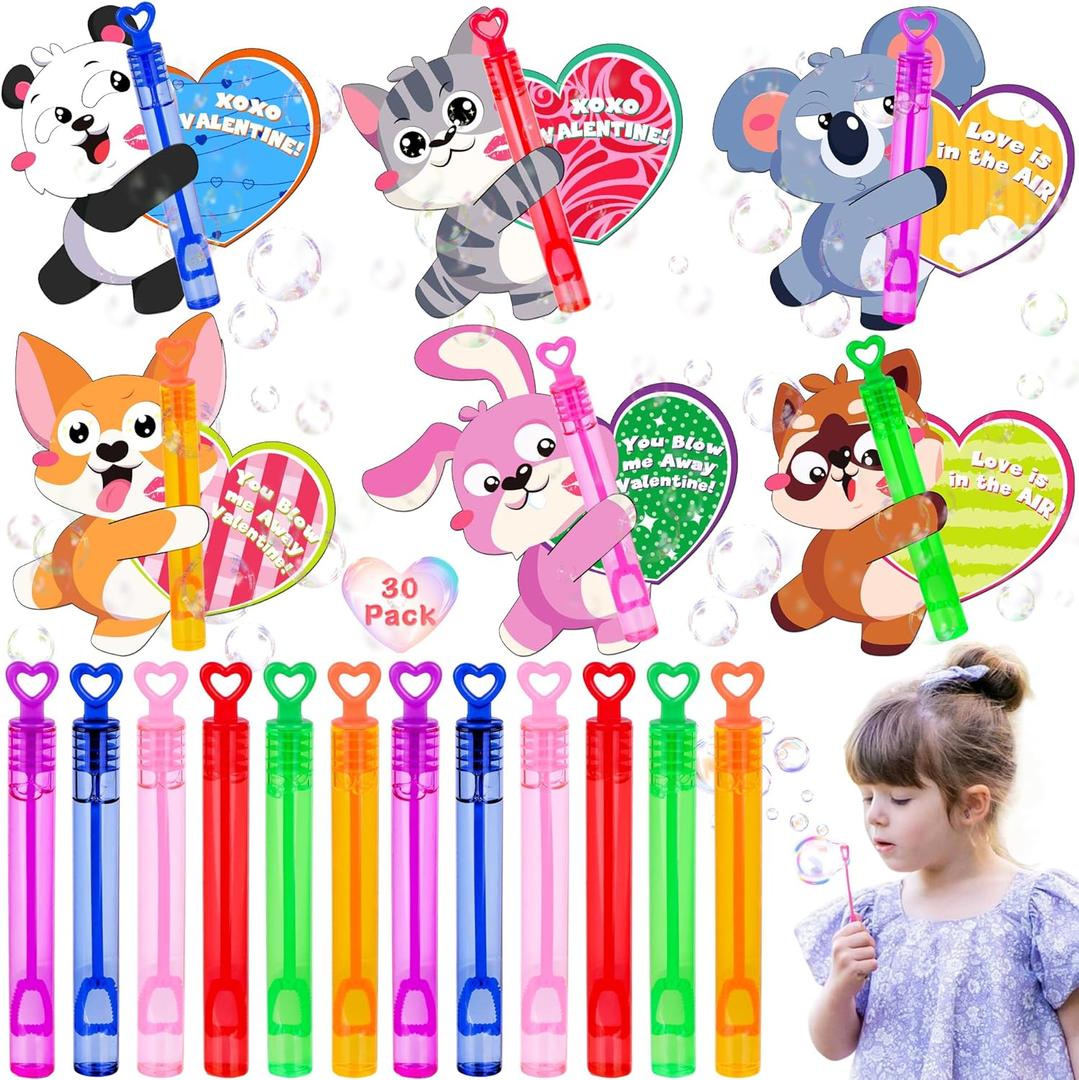 NAWITDA 30 Pack Valentine's Day Gifts for Kids Mini Bubble Wands with Animal Valentine Cards, Classroom Exchange Favors, School Party Prizes for Class Boys Girls, Pack Of 2