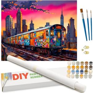 Cityscape Paint by Numbers Kit for Adults - DIY Graffiti Subway Train at Sunset Painting on Rolled Canvas 16x20 Inches, Acrylic Paint Set, Suitable for Beginners, Urban Art for Home Decor or Gifts