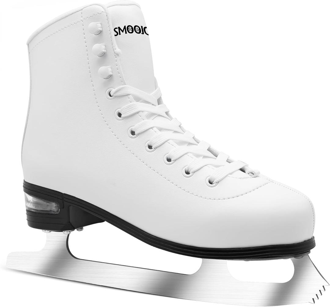Figure Ice Skates for Women and Men - Air Cushion Deluxe Hockey Ice Skate Premium Leather Skates Indoor Outdoor Rink for Teens Beginner (39-Women's 8/ Men's 6.5, White)